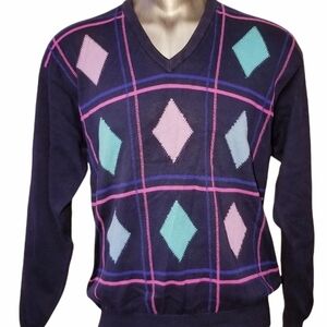VINTAGE LYLE & SCOTT ARGYLE MEN V-NECK BLUE SWEATER COTTON SIZE LARGE
